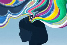 Illustration of colorful waves emitting from a girl's brain