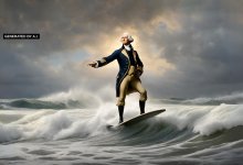 AI-generated image of George Washington surfing