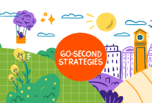 An illustration of a hot air balloon flying over green hills with a clock tower behind and the title "60-Second Strategies" in the center.